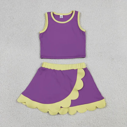 Sibling Baby Girls Colorful Vests Top Scallop Skirt Short Yoga Active Set Knee Length Dresess