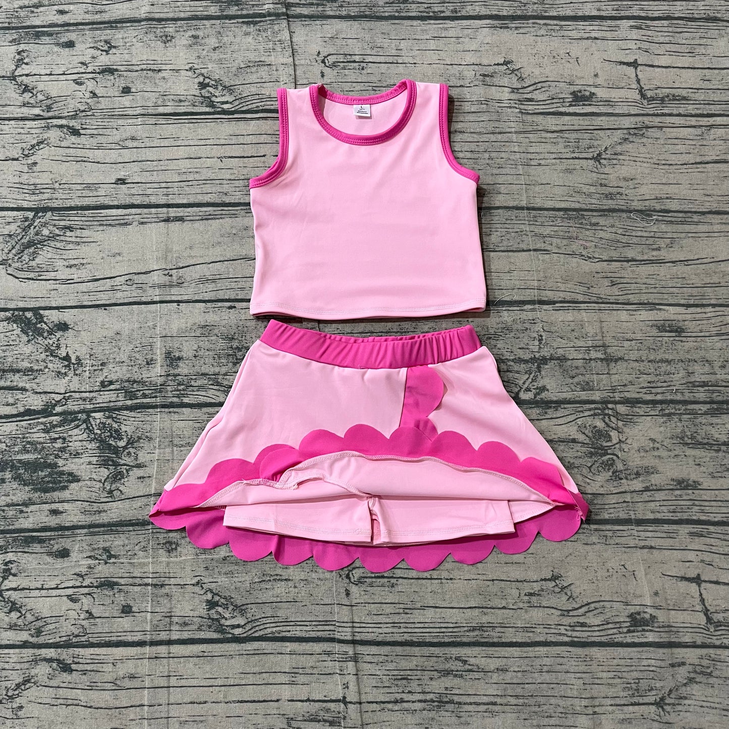 Baby Girls Clothes Sleeveless Light Pink Vest Scallop Skirt Short Yoga Active Clothes Set Preorder GSD4019