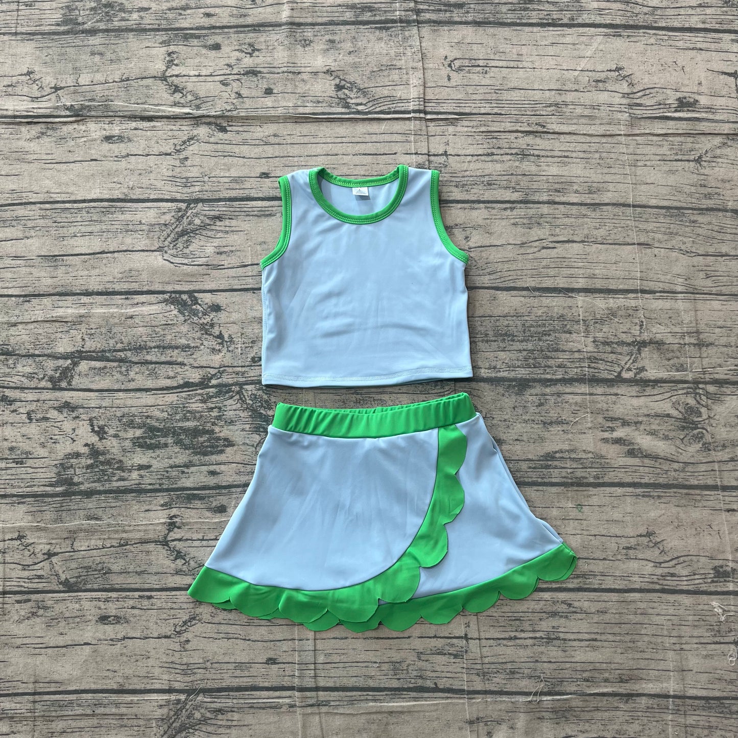 Baby Girls Sleeveless Blue Green Vest Scallop Skirt Short Yoga Active Clothes Set Preorder GSD4021