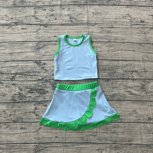 Baby Girls Sleeveless Blue Green Vest Scallop Skirt Short Yoga Active Clothes Set Preorder GSD4021