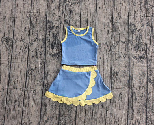 Baby Girls Sleeveless Blue Yellow Vest Scallop Skirt Short Yoga Active Clothes Set Preorder GSD4022