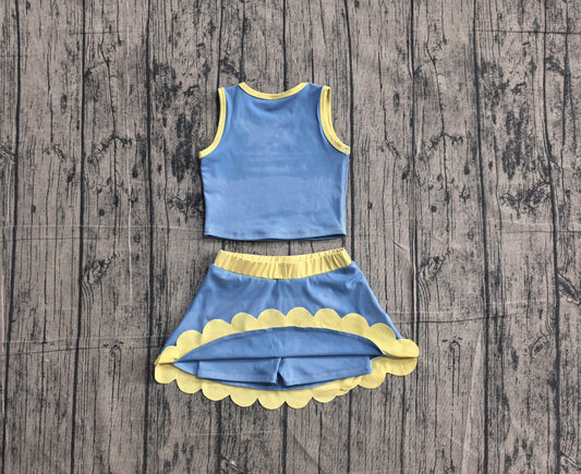 Baby Girls Sleeveless Blue Yellow Vest Scallop Skirt Short Yoga Active Clothes Set Preorder GSD4022
