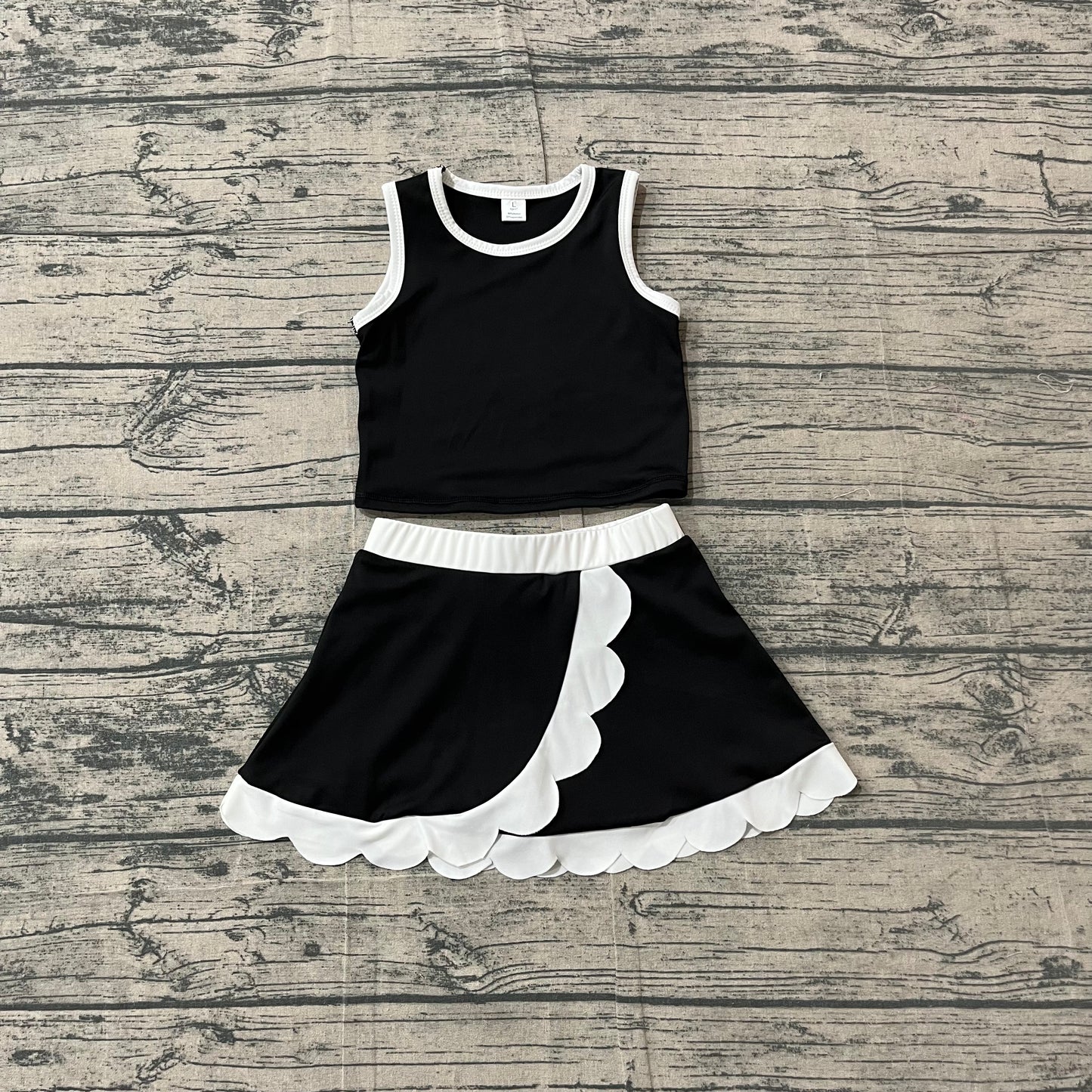 Baby Girls Clothes Sleeveless Black Vest Scallop Skirt Short Yoga Active Clothes Set Preorder GSD4029