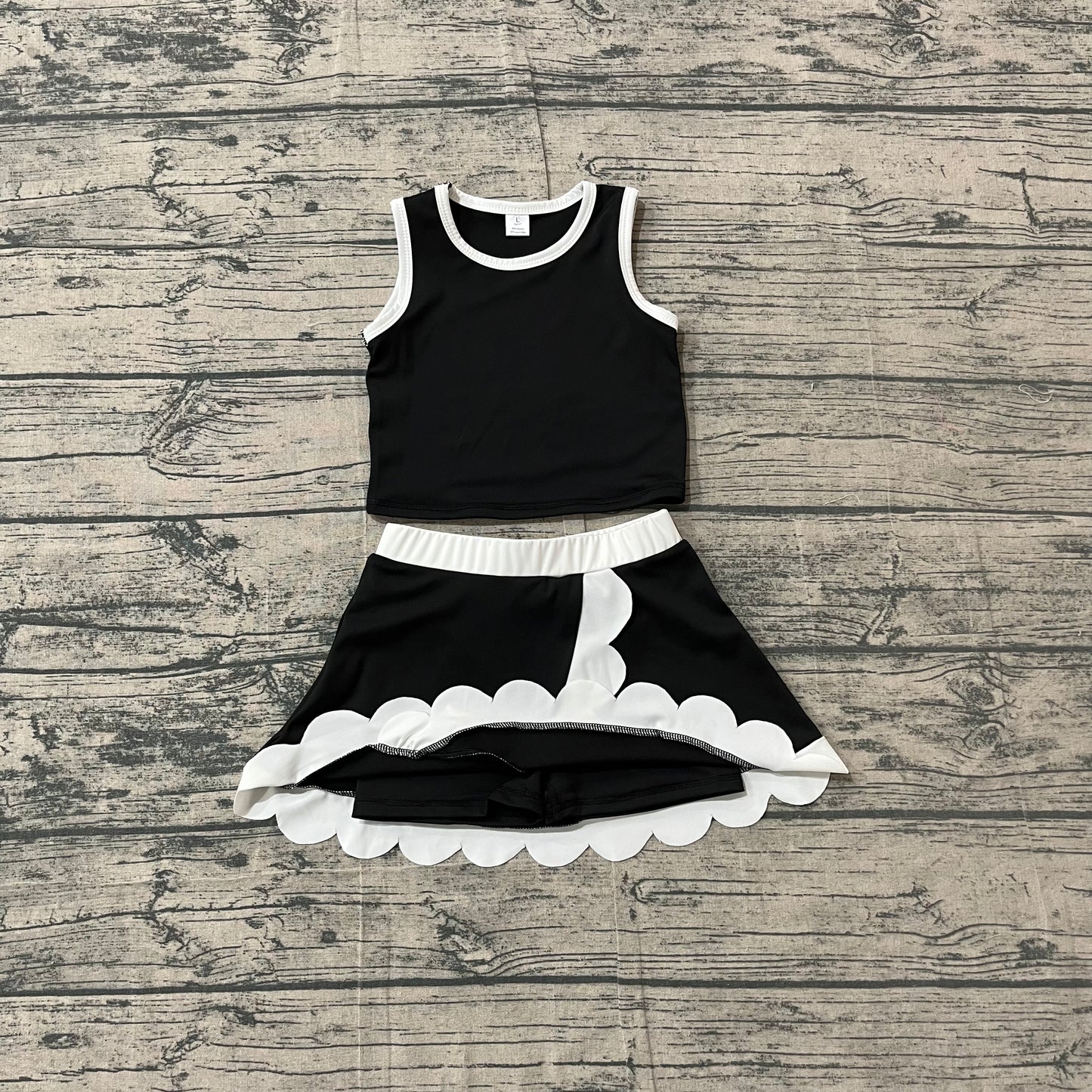 Baby Girls Clothes Sleeveless Black Vest Scallop Skirt Short Yoga Active Clothes Set Preorder GSD4029