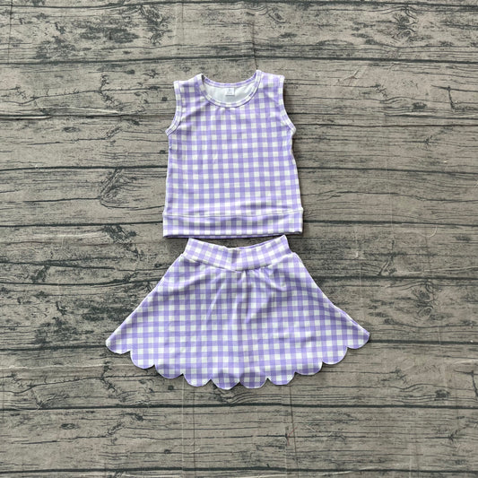 Baby Girls Clothes Lavender Checked Vest Scallop Skirt Short Yoga Active Clothes Set Preorder GSD4067