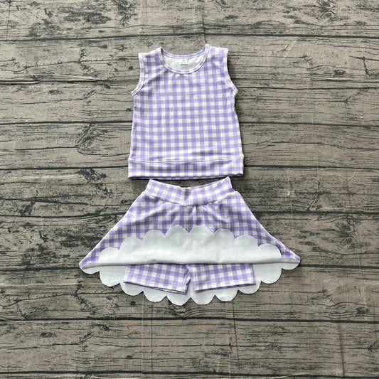 Baby Girls Clothes Lavender Checked Vest Scallop Skirt Short Yoga Active Clothes Set Preorder GSD4067