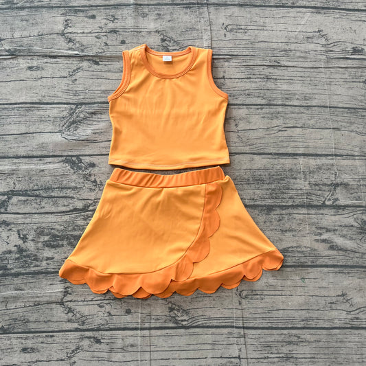 Baby Girls Clothes Orange Vest Scallop Skirt Short Yoga Active Clothes Set Preorder GSD4081