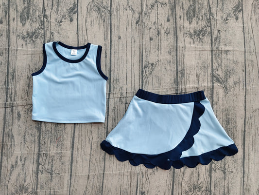 Baby Girls Clothes Blue Vest Scallop Skirt Short Yoga Active Clothes Sets Preorder GSD4082