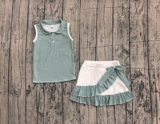 Baby Girls Green Stripe Button Vest Top Ruffle Skirt Short Yoga Active Clothes Sets Preorder GSD4121