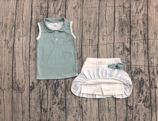 Baby Girls Green Stripe Button Vest Top Ruffle Skirt Short Yoga Active Clothes Sets Preorder GSD4121