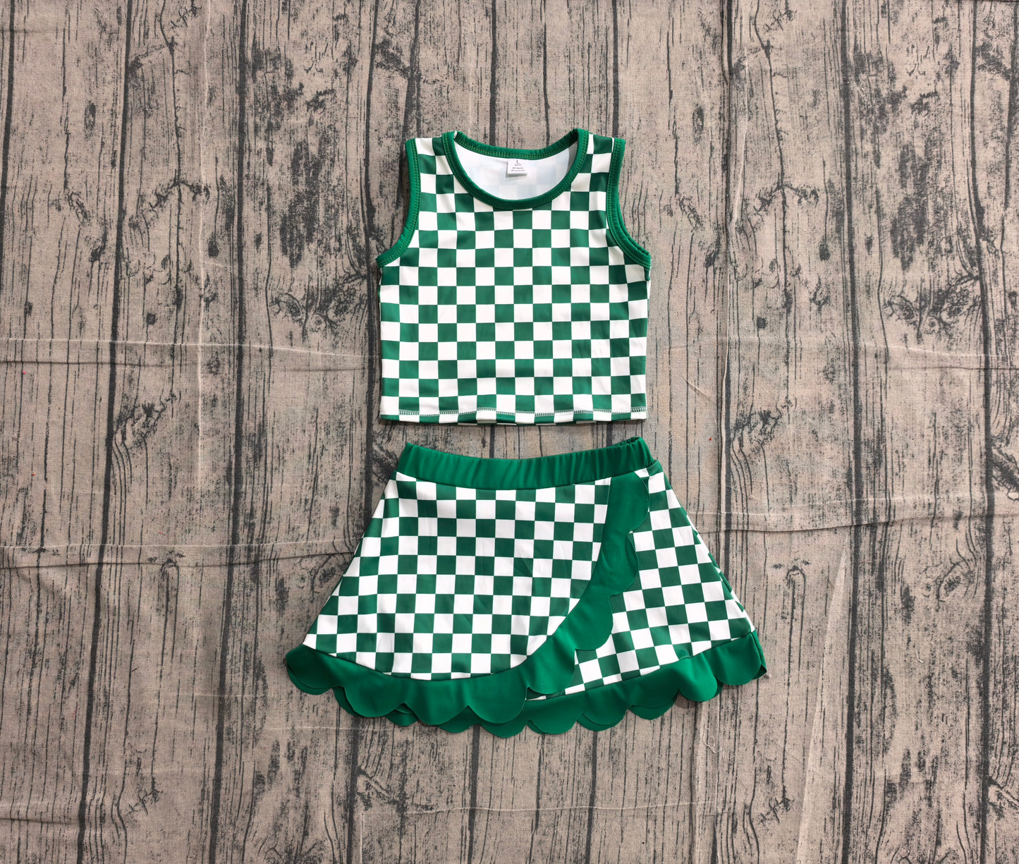 Baby Girls Green Checked Vest Top Scallop Skirt Short Yoga Active Clothes Set Preorder GSD4178