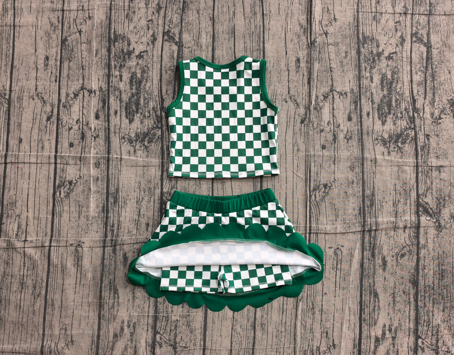 Baby Girls Green Checked Vest Top Scallop Skirt Short Yoga Active Clothes Set Preorder GSD4178