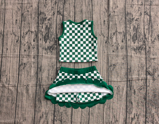 Baby Girls Green Checked Vest Top Scallop Skirt Short Yoga Active Clothes Set Preorder GSD4178
