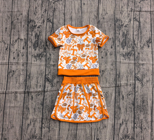 Baby Girls Orange Bows Footballs T Top Skirt Shorts Team Yoga Active Clothes Sets Preorder GSD4181