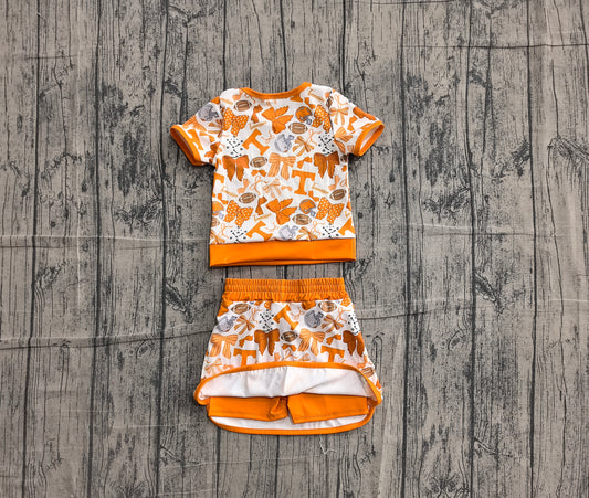 Baby Girls Orange Bows Footballs T Top Skirt Shorts Team Yoga Active Clothes Sets Preorder GSD4181