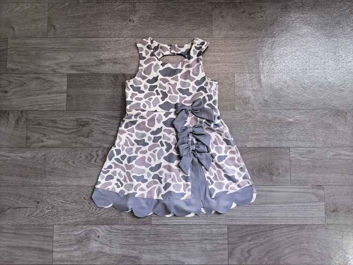 Baby Girls Southern Light Grey Camo Yoga Active Short Bows Scallop Knee Length Dress Preorder GSD4226