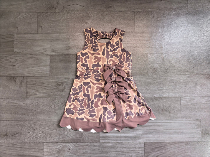 Baby Girls Southern Brown Grey Camo Yoga Active Short Bows Scallop Knee Length Dress Preorder GSD4227