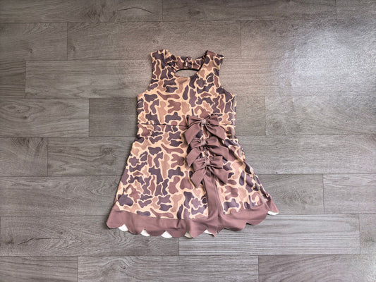 Baby Girls Southern Brown Grey Camo Yoga Active Short Bows Scallop Knee Length Dress Preorder GSD4227