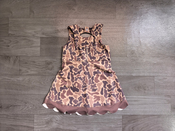 Baby Girls Southern Brown Grey Camo Yoga Active Short Bows Scallop Knee Length Dress Preorder GSD4227