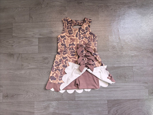 Baby Girls Southern Brown Grey Camo Yoga Active Short Bows Scallop Knee Length Dress Preorder GSD4227