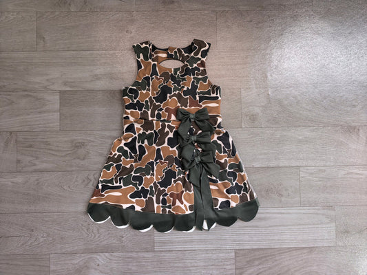 Baby Girls Southern Dark Brown Camo Yoga Active Short Bows Scallop Knee Length Dress Preorder GSD4229