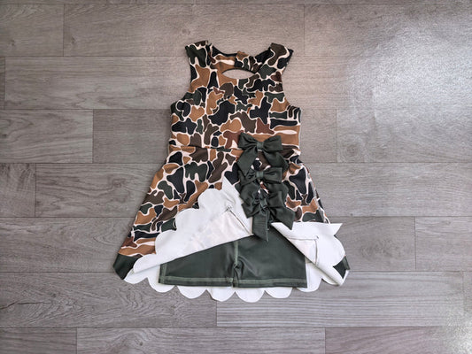 Baby Girls Southern Dark Brown Camo Yoga Active Short Bows Scallop Knee Length Dress Preorder GSD4229