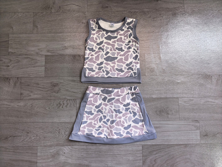 Baby Girls Southern Light Grey Camo Vest Top Skirt Short Yoga Active Clothes Set Preorder GSD4230