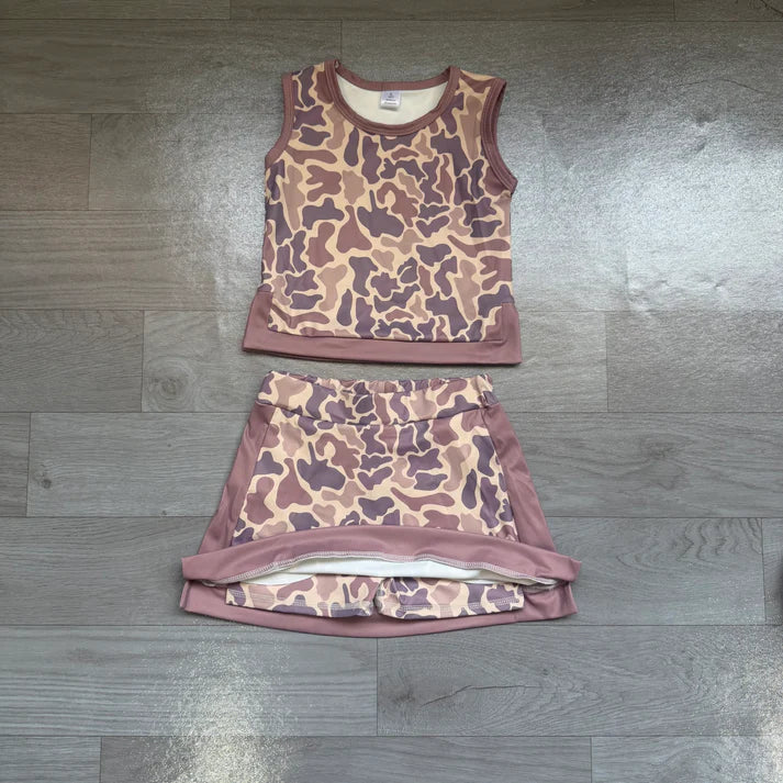 Baby Girls Southern Brown Camo Vest Top Skirt Short Yoga Active Clothes Set Preorder GSD4231