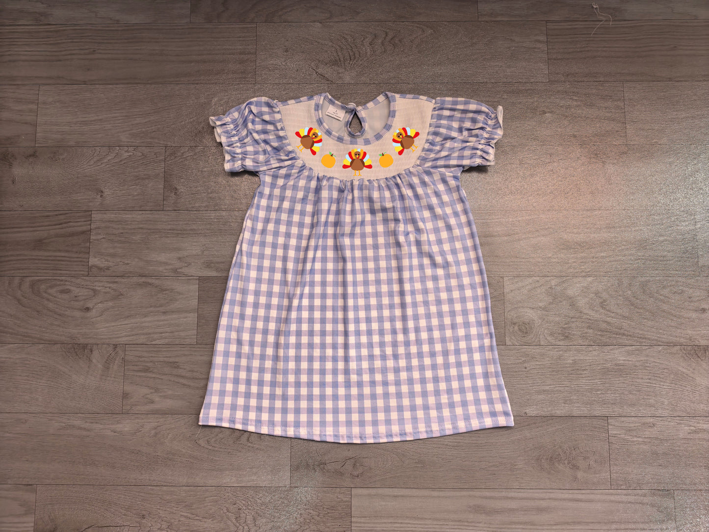 Smocked Turkey Baby Girls Dress Blue Checked Thanksgiving Knee Length Dress Preorder GSD4250