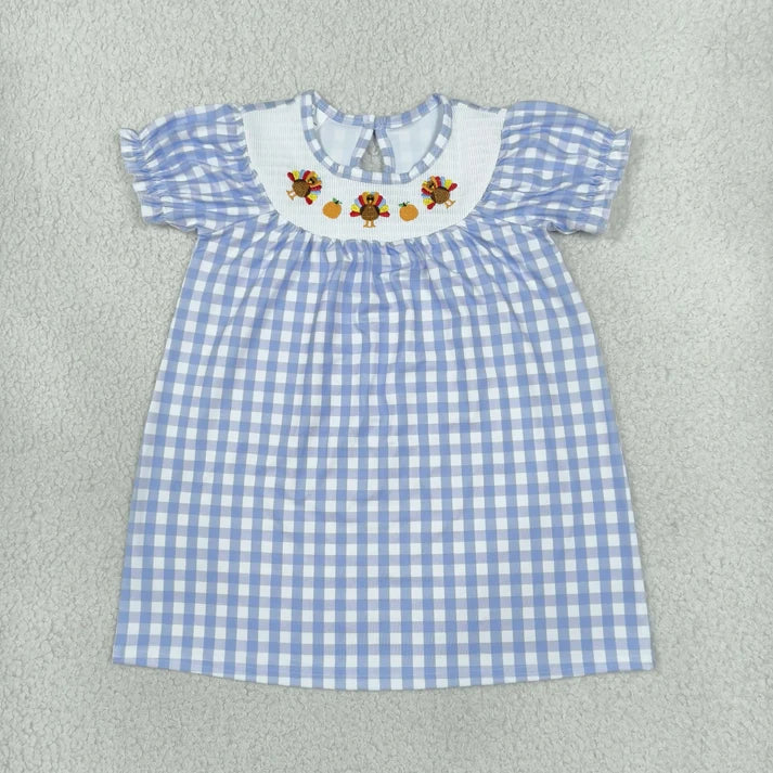 Sibling Baby Girls Smocked Pumpkin Turkey Blue Checked Thanksgivings Dress Rompers