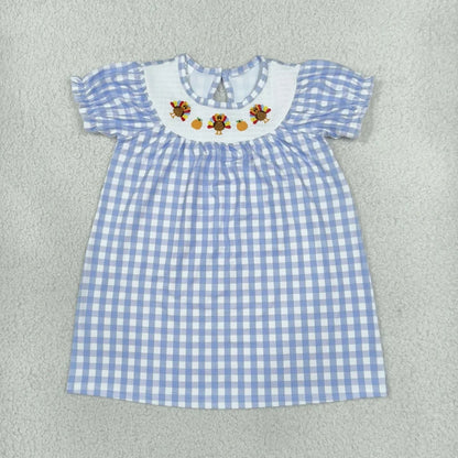 Sibling Baby Girls Smocked Pumpkin Turkey Blue Checked Thanksgivings Dress Rompers