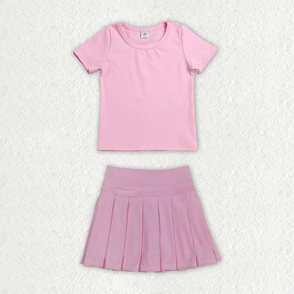 Sibling Baby Girls Colorful Short Sleeve Shirts Pleated Skirt Short Yoga Active Clothes Sets