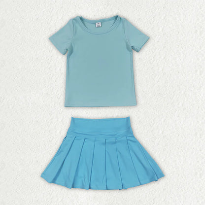 Sibling Baby Girls Colorful Short Sleeve Shirts Pleated Skirt Short Yoga Active Clothes Sets