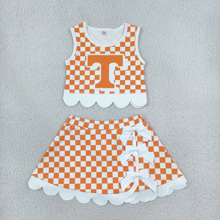 Sibling Baby Girls Checked Vests Bows Skirt Short Team Yoga Active Scallop Clothes Sets