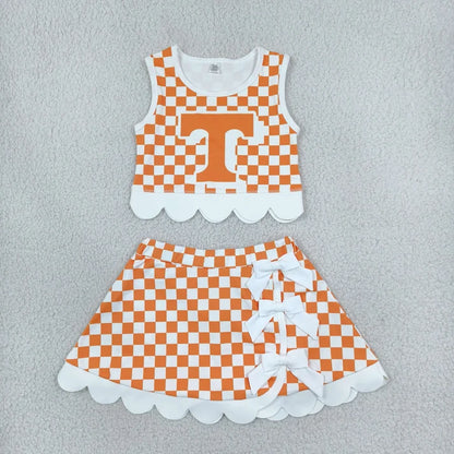 Sibling Baby Girls Checked Vests Bows Skirt Short Team Yoga Active Scallop Clothes Sets