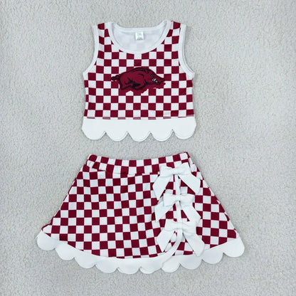 Sibling Baby Girls Checked Vests Bows Skirt Short Team Yoga Active Scallop Clothes Sets