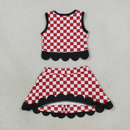 Sibling Baby Girls Checked Vests Bows Skirt Short Team Yoga Active Scallop Clothes Sets