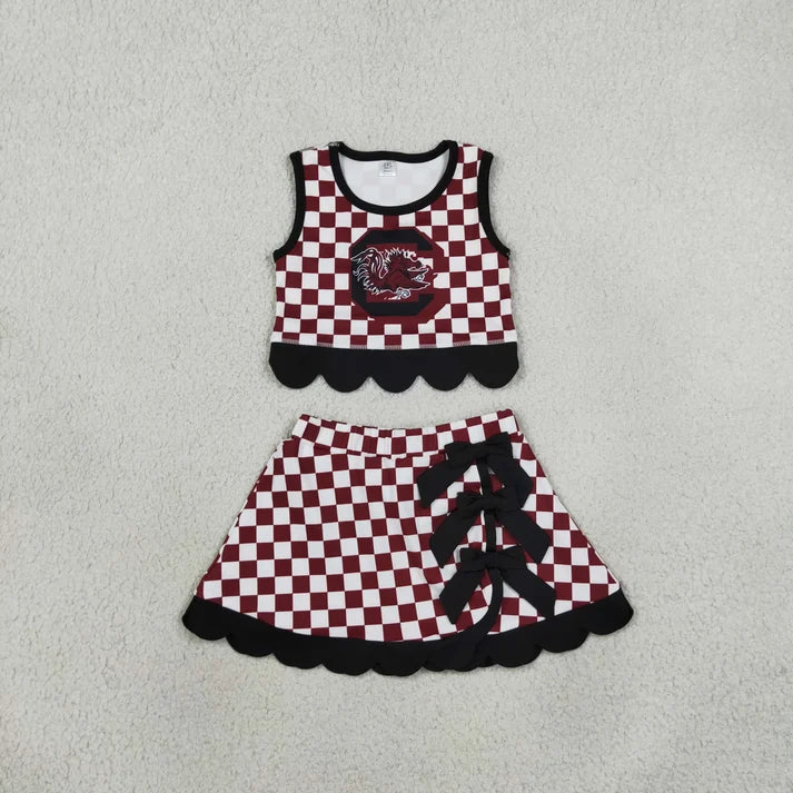 Sibling Baby Girls Checked Vests Bows Skirt Short Team Yoga Active Scallop Clothes Sets
