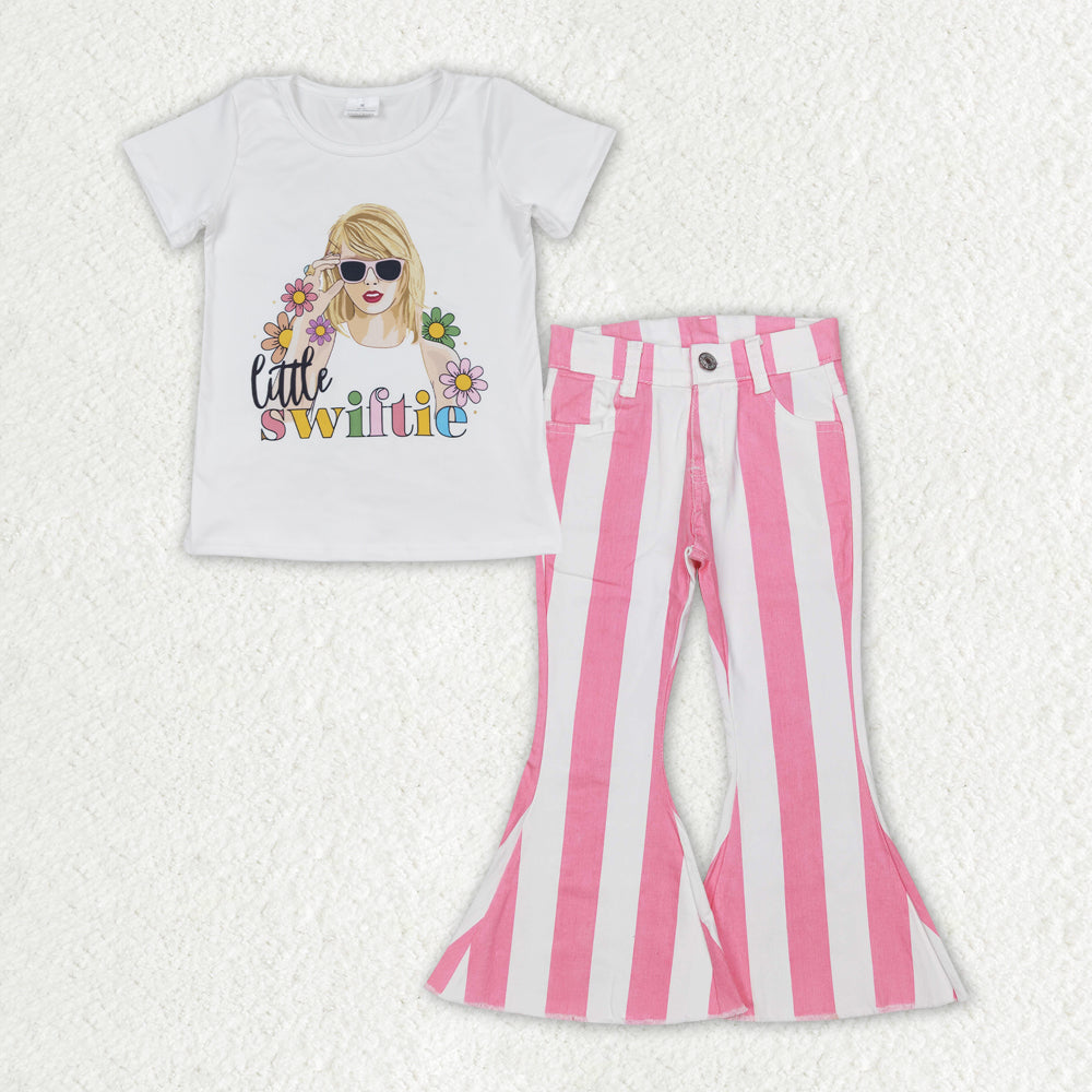 Baby Girls Clothes Littler Flowers Shirt Top Stripes Denim Jeans Pants Clothes Sets GSPO1599