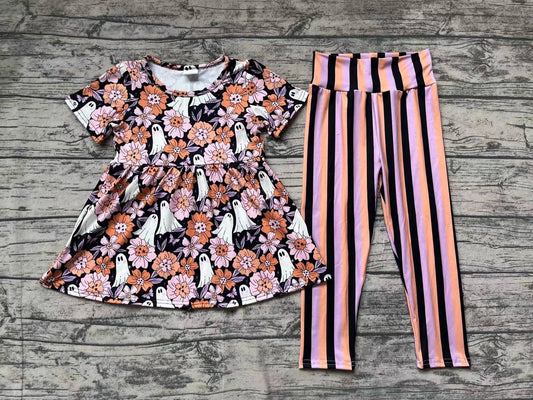 Baby Girls Clothes Halloween Orange Ghost Flowers Tunic Tops Legging Sets Preorder GSPO1617