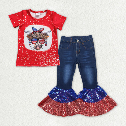 Baby Girls Clothes 4th of July Cow Shirt Top Sequin Denim Jeans Pants Sets GSPO1621