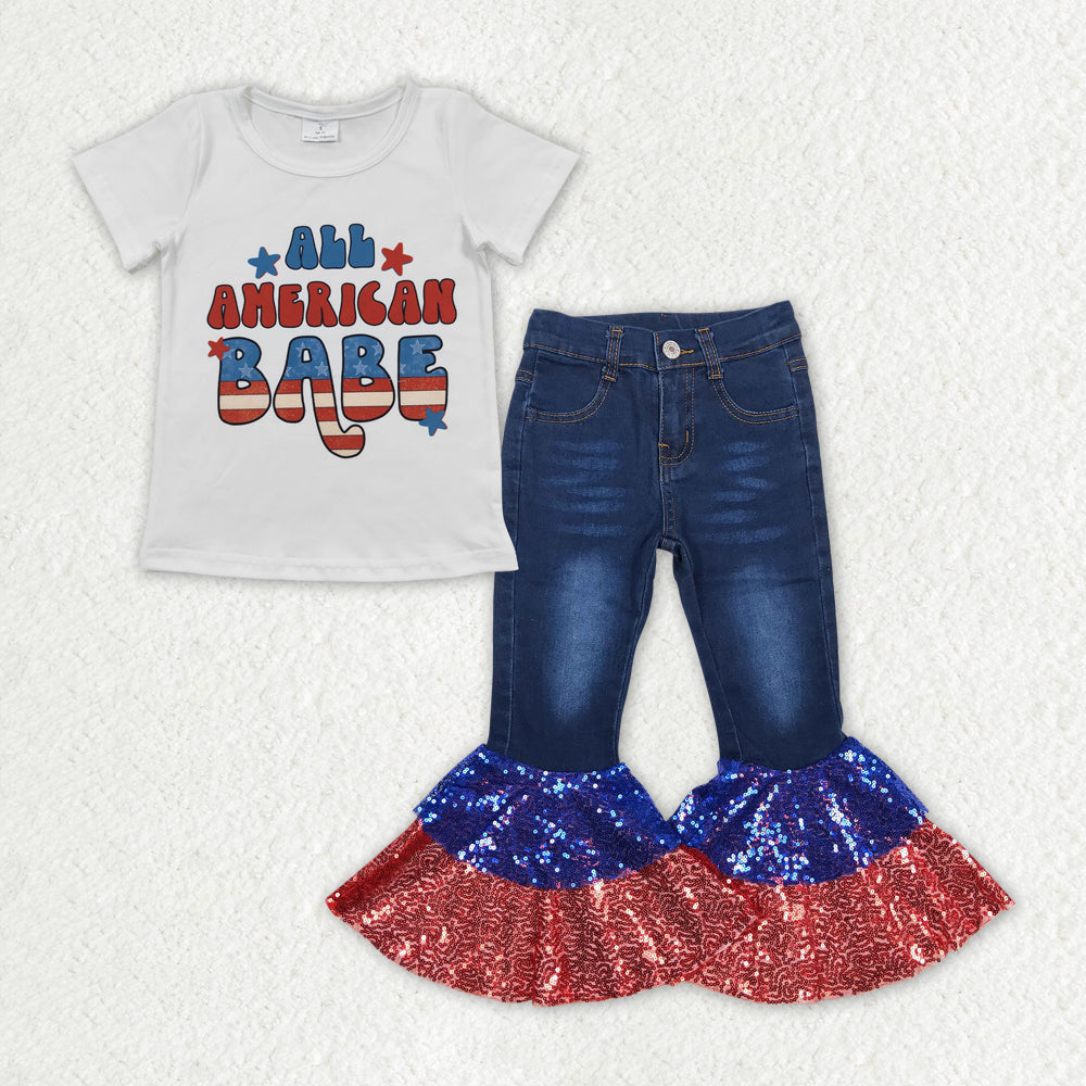 Baby Girls Clothes All American Babe Shirt Top Sequin Denim Pants Sets GSPO1623