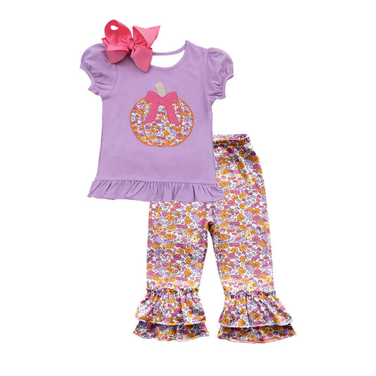 Baby Girls Clothes Purple Flowers Pumpkin Top Ruffle Pants Clothes Sets Preorder GSPO1696