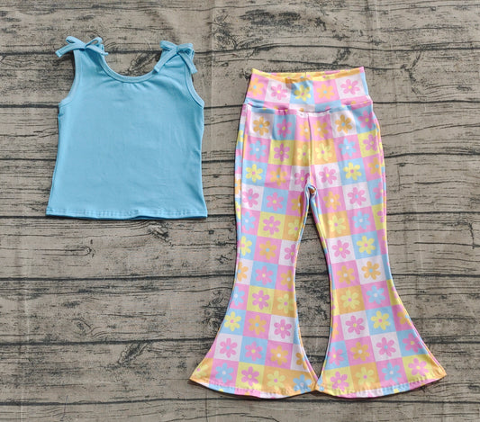 Baby Girls Clothes Blue Top Flowers Plaid Bell Bottom Pants Sets Preorder GSPO2017 5.2