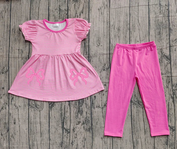 Embroidery Baby Girls Pink Stripe Bows Tunic Leggings Pant Clothes Sets Preorder GSPO2150 11.15