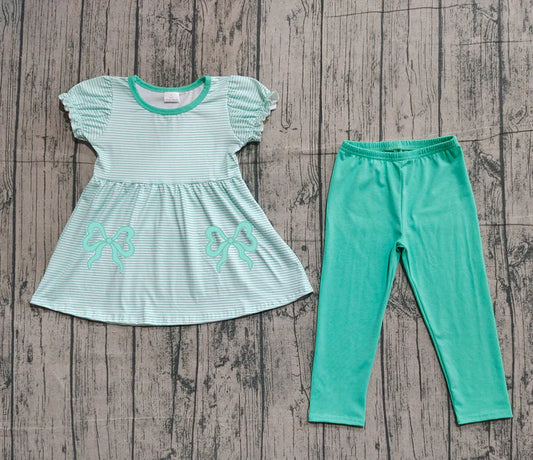 Embroidery Baby Girls Aqua Stripe Bows Tunic Leggings Pant Clothes Sets Preorder GSPO2151 11.15