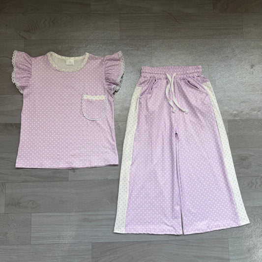 Baby Girls Purple Polka Dots Pocket Top Flare Pant Clothes Sets Preorder GSPO2328