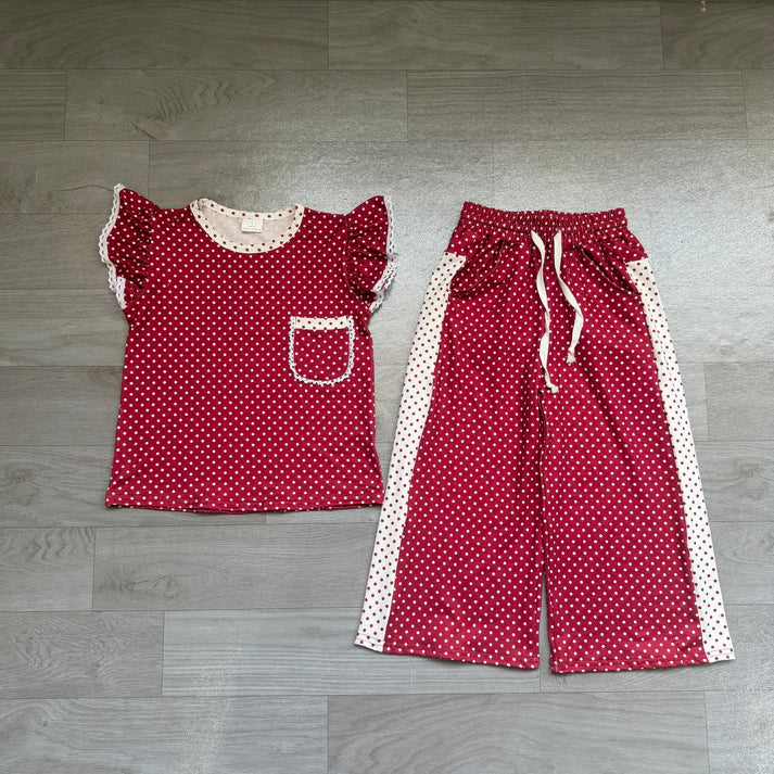 Baby Girls Maroon Polka Dots Pocket Top Flare Pant Clothes Sets Preorder GSPO2329