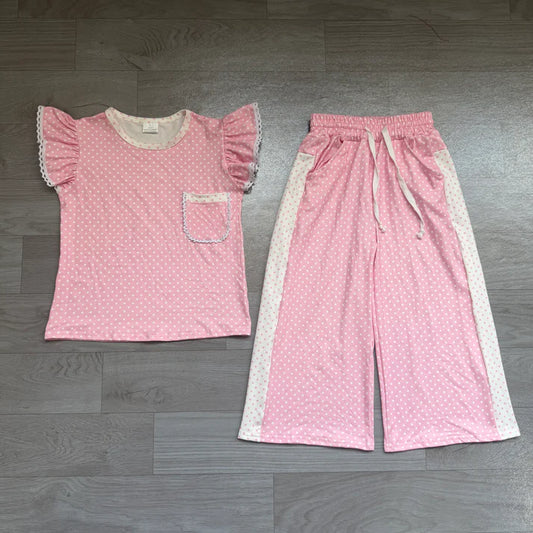 Baby Girls Pink Polka Dots Pocket Top Flare Pant Clothes Sets Preorder GSPO2330