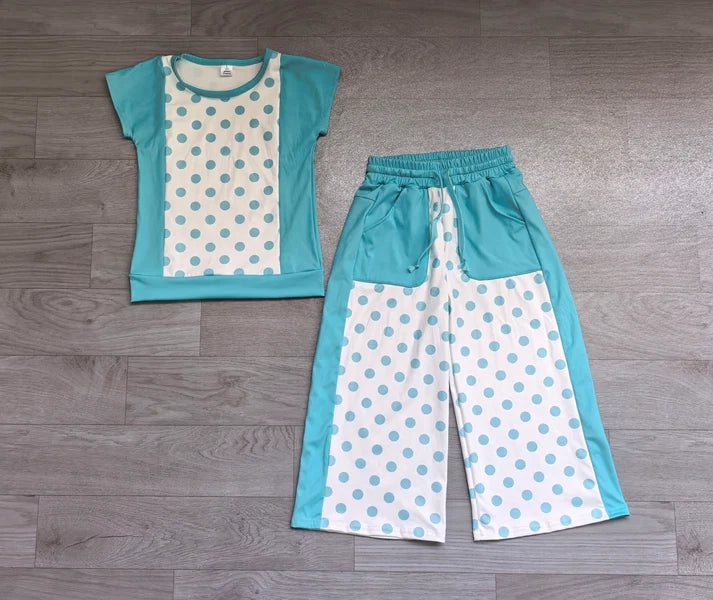 Baby Girls Blue Polka Dots Top Pockets Flare Pant Clothes Sets Preorder GSPO2334